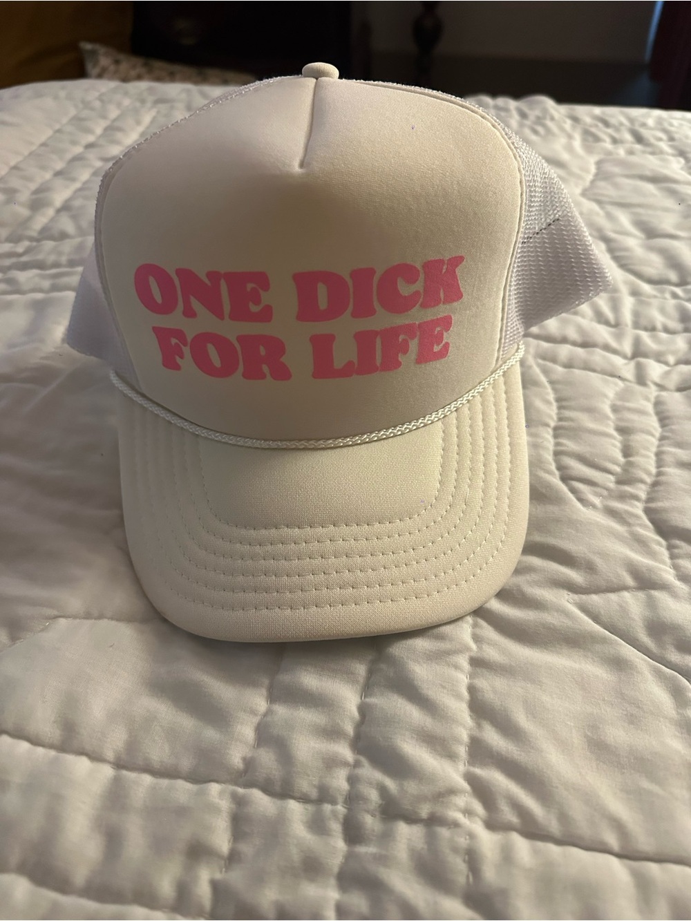 White Trucker Hat with Pink "ONE DICK FOR LIFE" Text